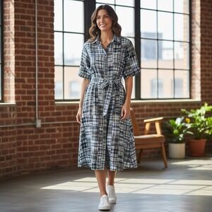 Cambridge Dry Goods Plaid Patchwork Shirt Dress Cotton Midi Blue Multi Size XL